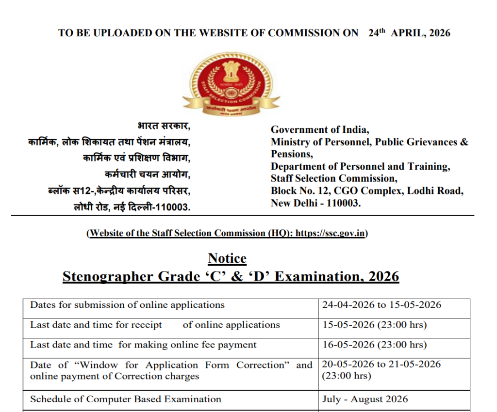 SSC Stenographer Official Notification 2026