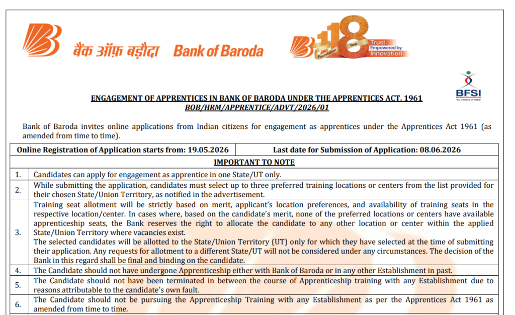 Bank of Baroda Apprentice Recruitment 2026