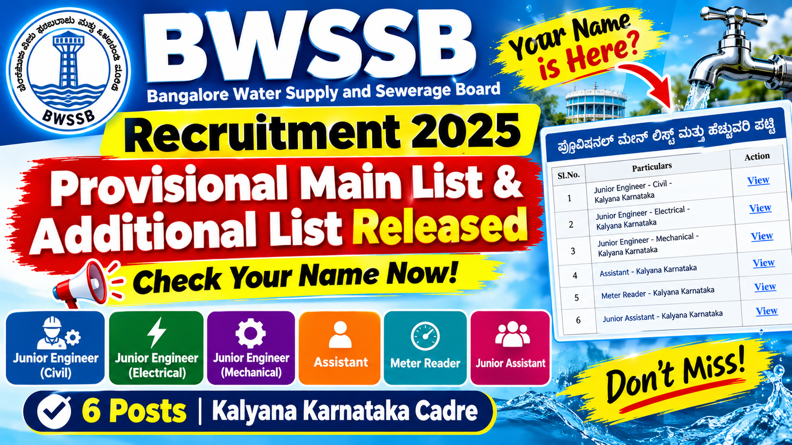 BWSSB Recruitment 2025 Provisional Main List